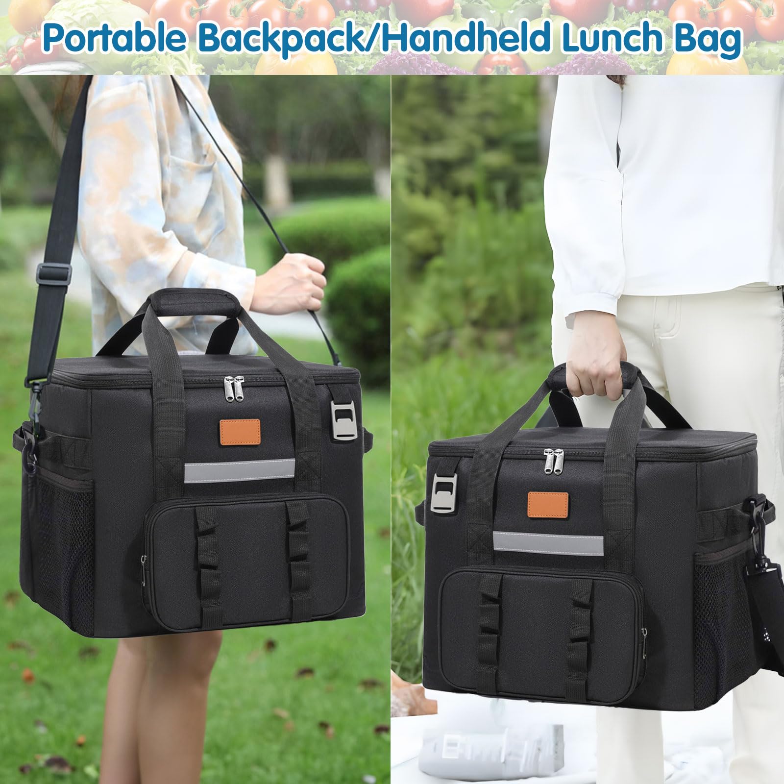 Borsa Termica Porta Pranzo 40L, Borsa Frigo Grande con Tracolla Regolabile, Tasche Multiple e Apribottiglie per Picnic Campeggio Ufficio (Nero)