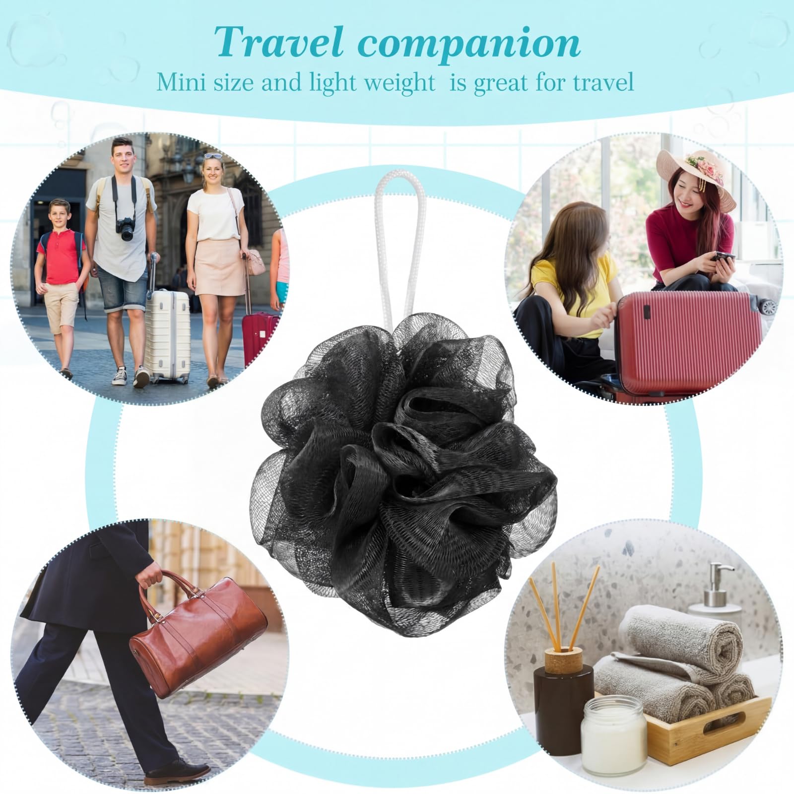 Sunnyray 100 esponjas de lufa a granel pequeñas para baño, ducha, 20 g, tamaño de viaje, esponjas, suaves, para mujeres y hombres, accesorios de baño, accesorios de baño, juego de malla de puf (negro
