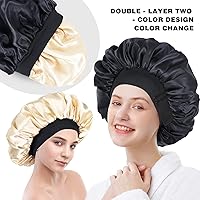 Vista 5 de Gorro de seda para dormir de doble capa de satén ajustable para mujeres negras, gorro de dormir reversible para cabello rizado (negro)