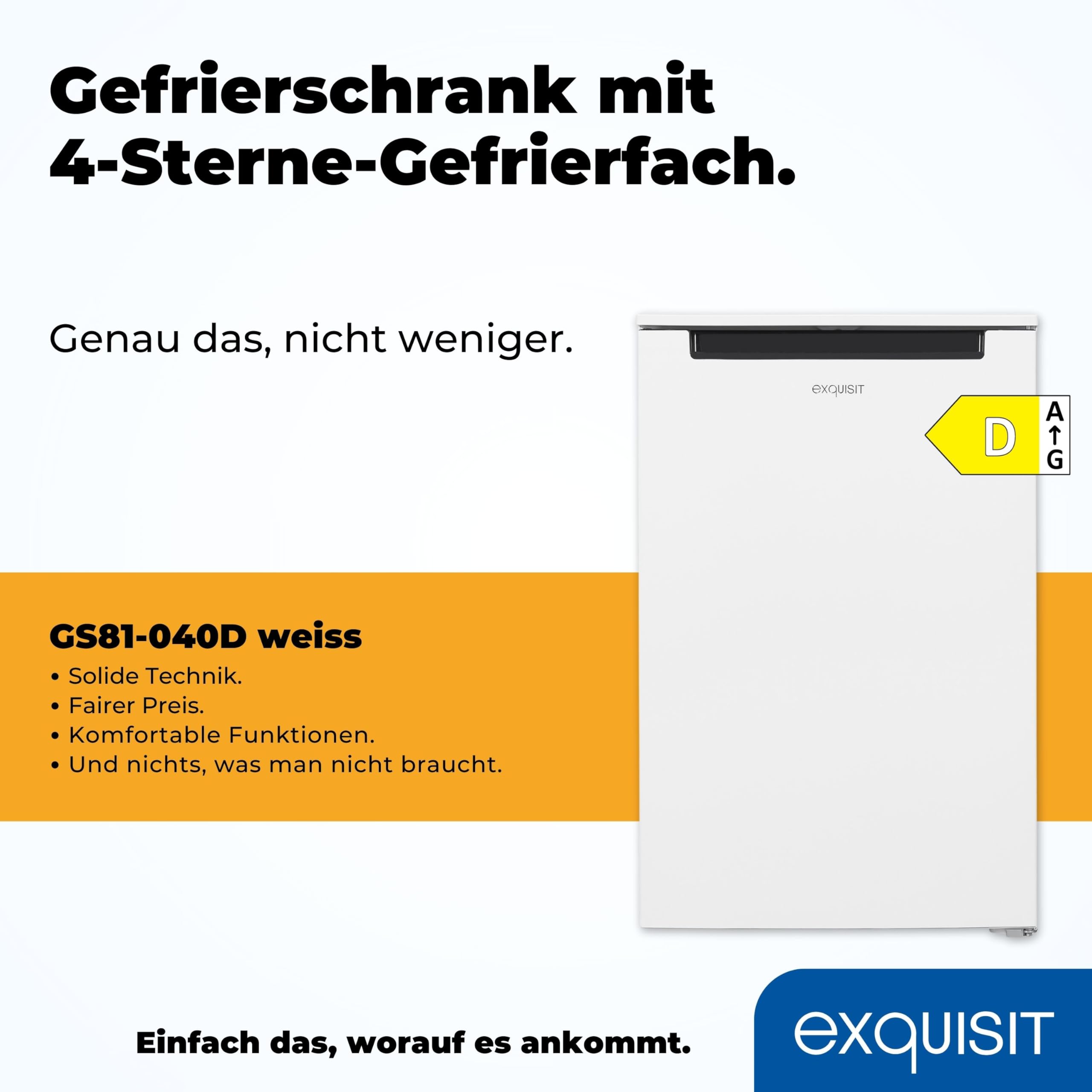 Exquisit GS81-040D Gefrierschrank - Standgerät mit 87 l Nutzinhalt | Weißer Tiefkühlschrank in Energieeffizienz E mit 3 transparenten Gefrierschubladen und wechselbarem Türanschlag