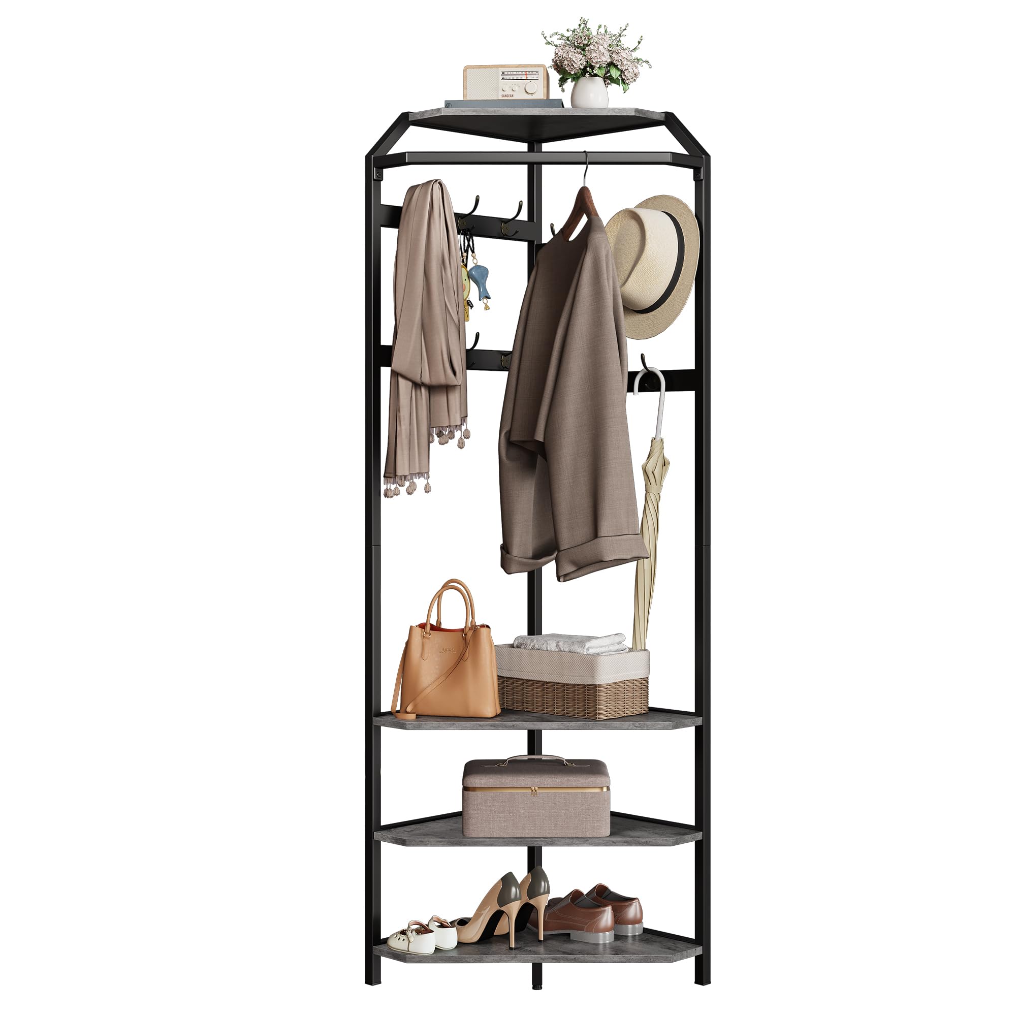 AffinityFurn Corner Coat Rack Stand with Shoe Storage, Standing Corner Hall Tree with 12 Metal Hooks and Wooden Storage Shelves, 4-Tier Corner Clothes Rack for Entryway, Hallway, Bedroom(Grey)