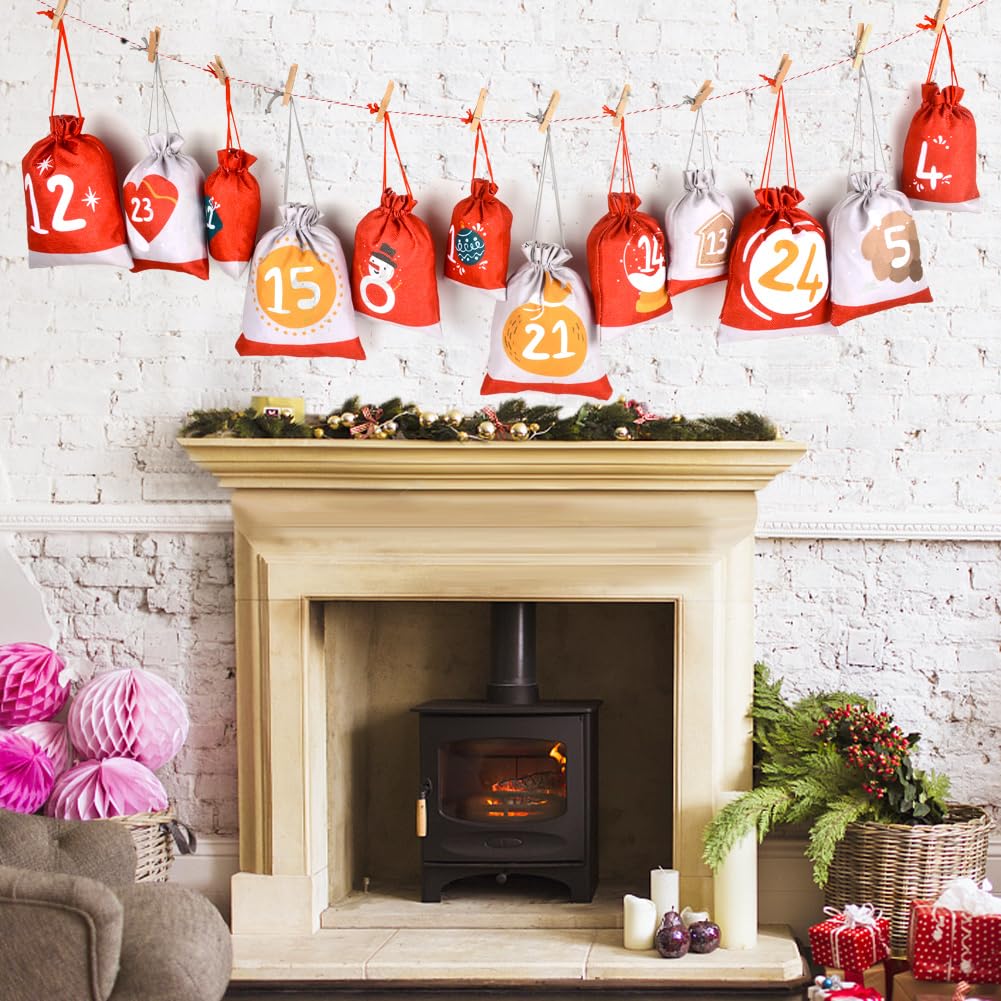 YBCCBY Adventskalender Jutesäckchen - 24 Stück Mit Aufklebern & Clip Für Weihnachten