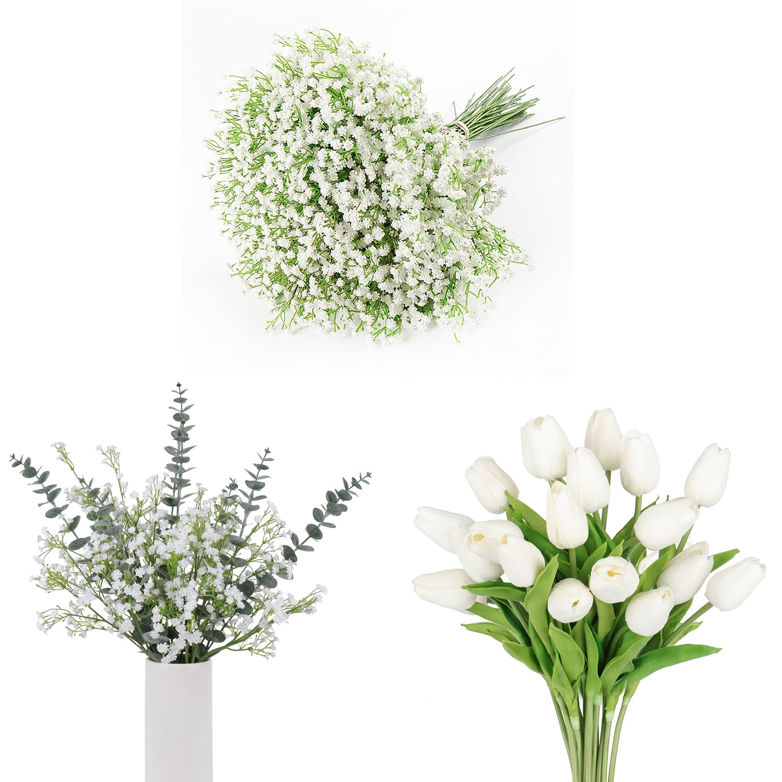 53 PCS Tulips Babys Breath Eucalyptus Leaves Bouquet for Easter Spring Wedding Bouquet Home Centerpiece Floral Arrangement Table Décor