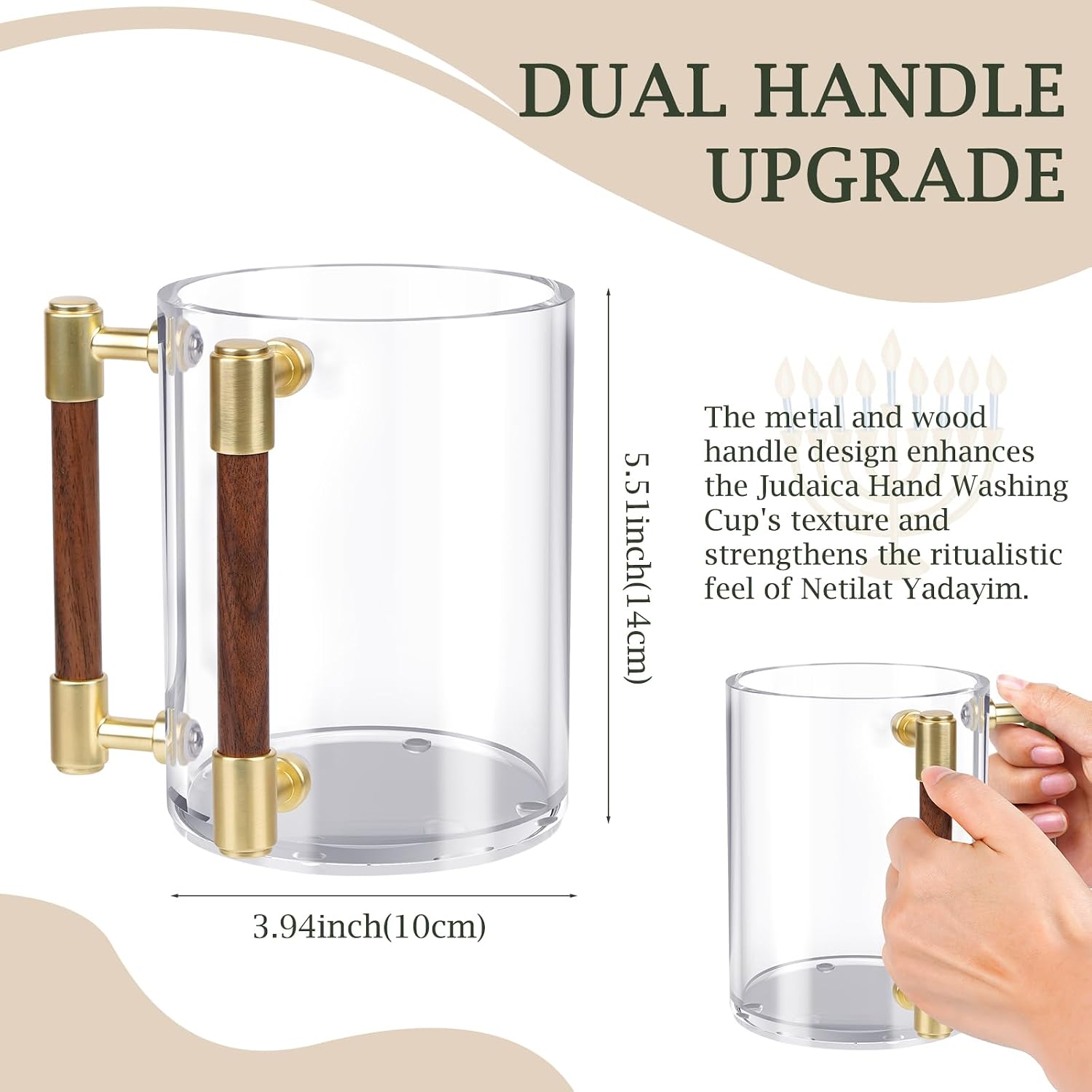 Washing Cup Judaica with Dual Handles, Unbreakable Clear for acrylic Netilat Yadayim Cup for Everyday & Passover Seder, Shabbat, Shul, Synagogue & Home (HARDWARE)