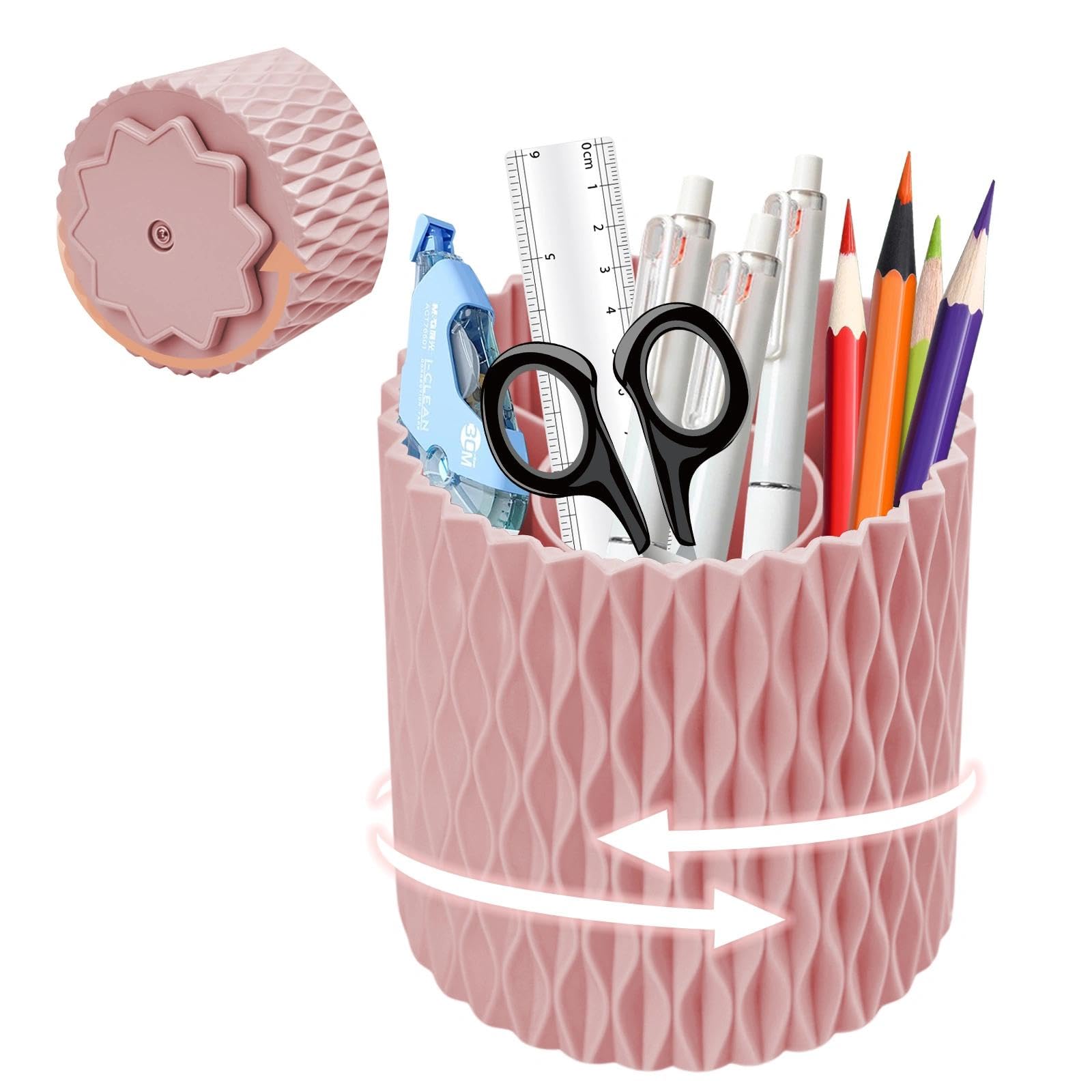 Anmeish Pink 360° Rotating Pen Pencil Holder, Pen Pencil Pot With 5 Compartments, Desk Organisers For Stationery Makeup Brushes For Home Office School Classroom