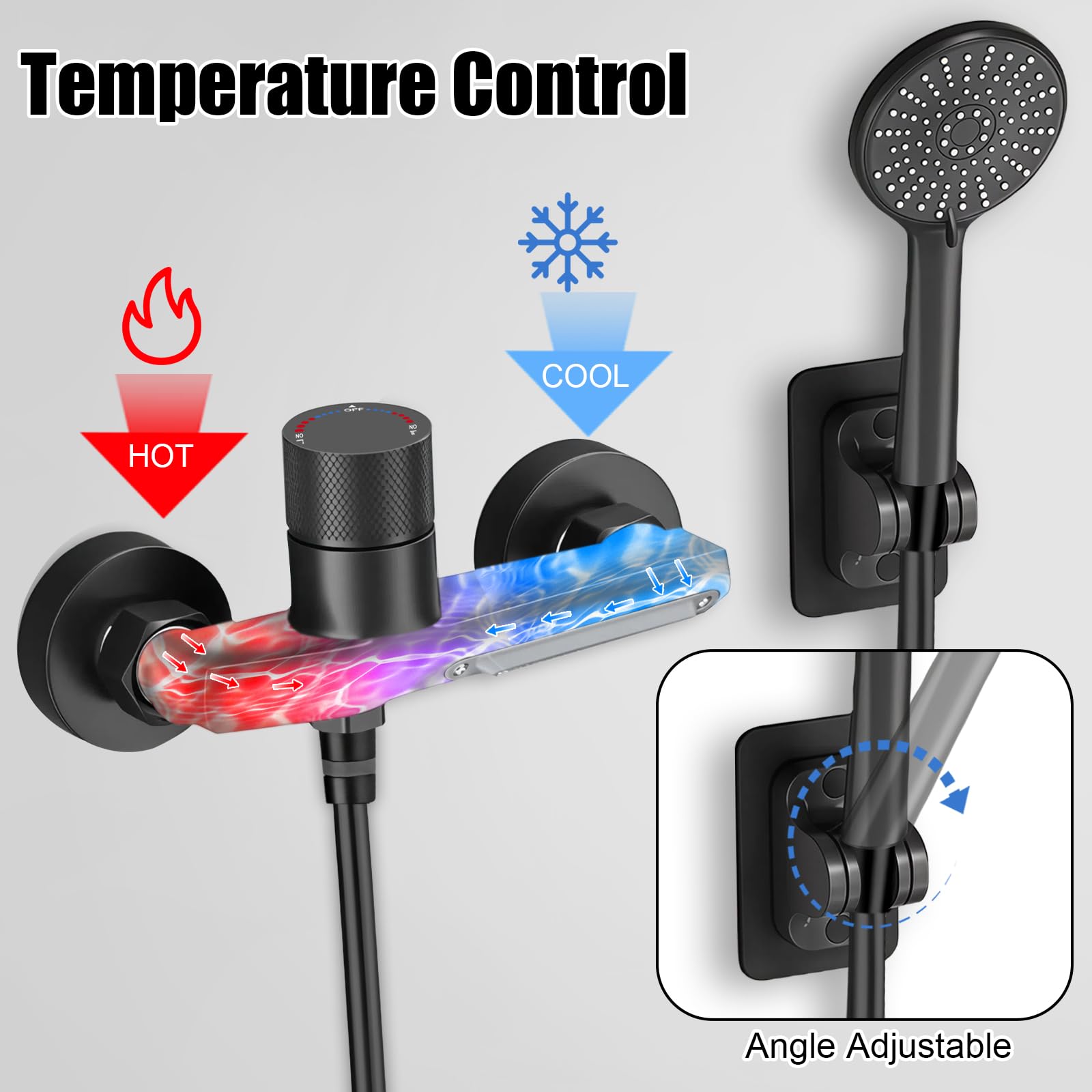 Rubinetto Vasca da Bagno a Cascata Nero, Miscelatore a Parete in Ottone Massiccio, Doccetta 5 Funzioni, Tubo Acciaio Inox 1,5m, Antiperdita per Bagno Moderno