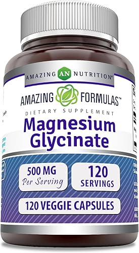 Amazing Formulas Glicinato de magnesio de 500 mg  Suplemento de cápsulas vegetales  Sin OMG  Sin gluten  Fabricado en Estados Unidos (sin sabor, 120