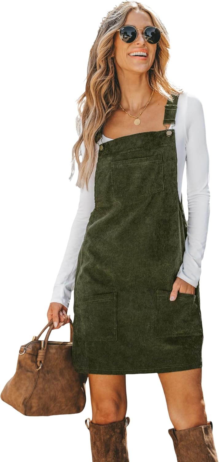 CUPSHE Women Corduroy Fall Dresses Front Bib Pocket Square Neck Wide Strap Casual Overall Mini Dress