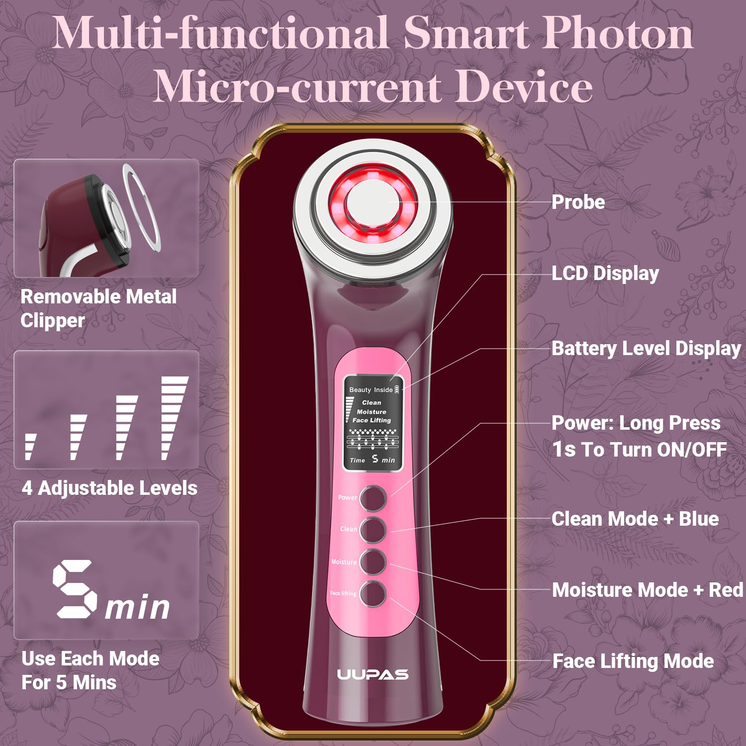 Dispositivo de Micro-Corriente Fotónica Inteligente - UUPAS Dispositivo de Terapia de luz LED Rojo Azul para la Cara - Máquina Facial de Radiofrecuencia y Microcorriente EMS - Tensor de Piel, Lifting