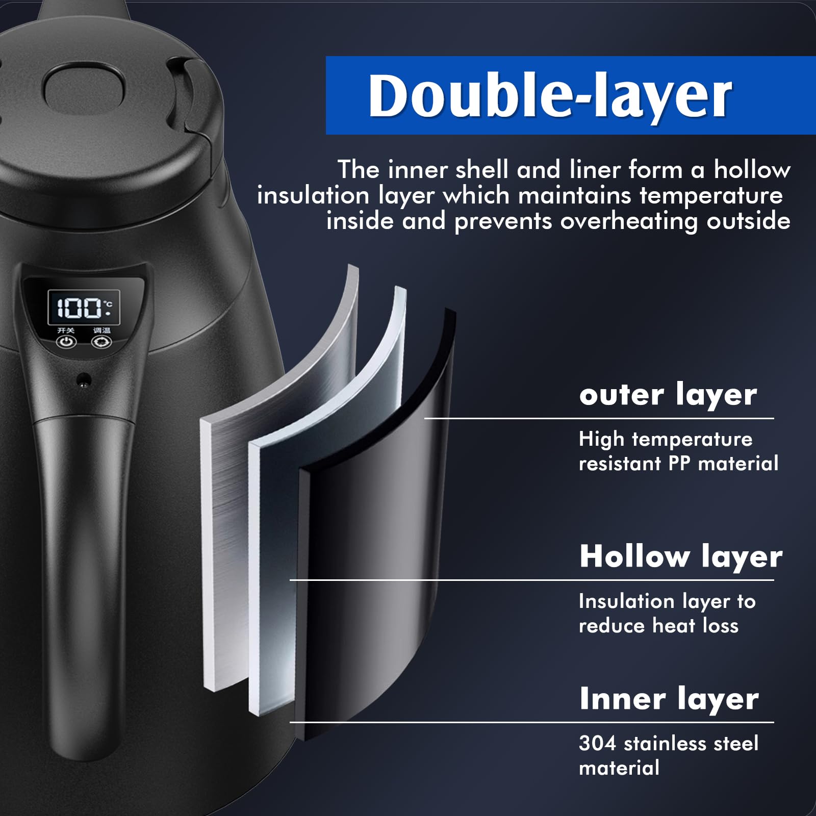 Bouilloire de voyage 12V/24V pour voiture : Bouilloire électrique portable de 1,2 litre en acier inoxydable avec adaptateur allume-cigare. Chauffe jusqu'à 100 °C et dispose d'un écran LCD