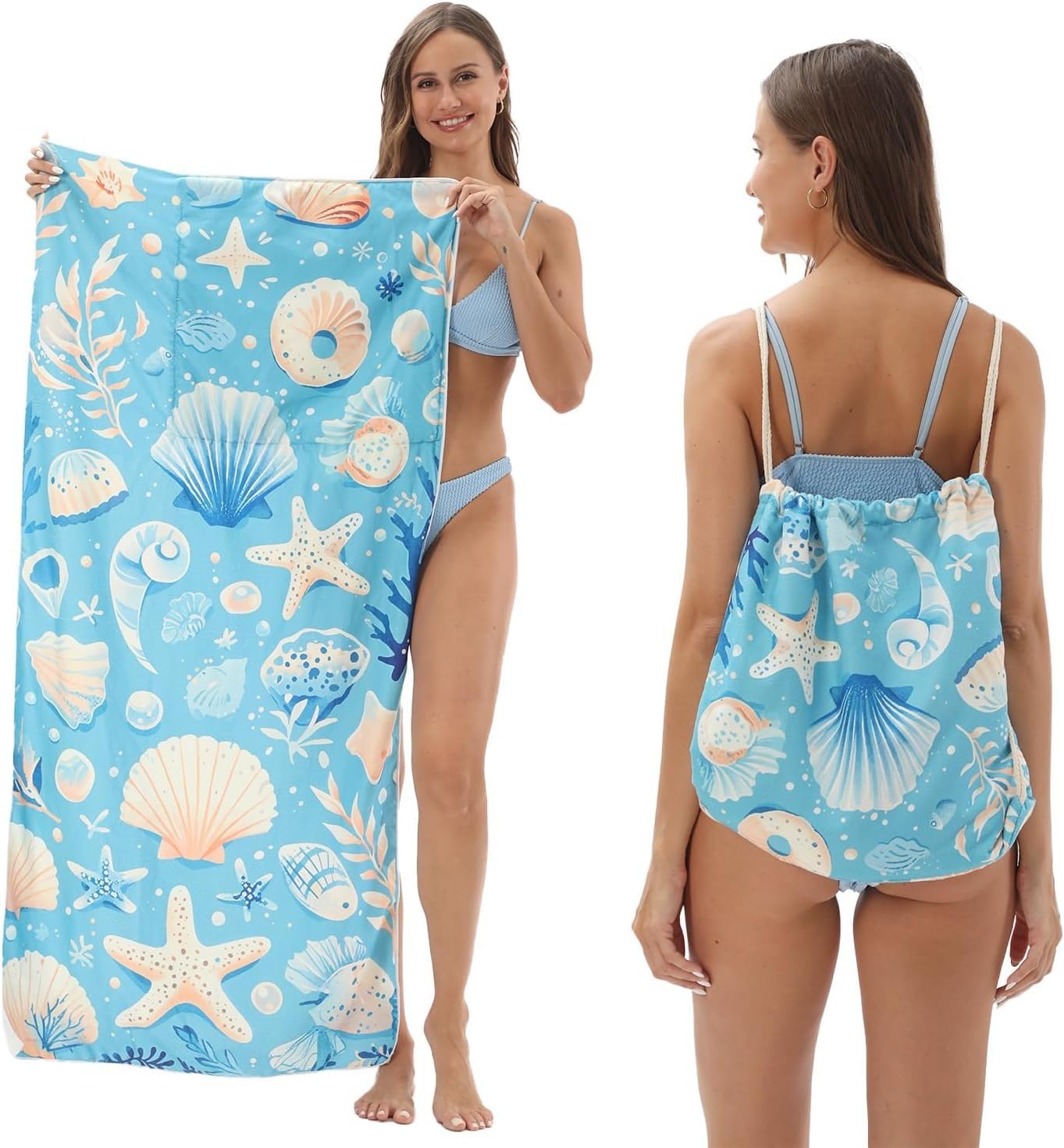 FWJZDSP 2 in 1 Packable Towel Bag for Women- Summer Tropical Beach Blanket Backpack Green Travel Picnic Towel for Family Holiday Camping (Shell)
