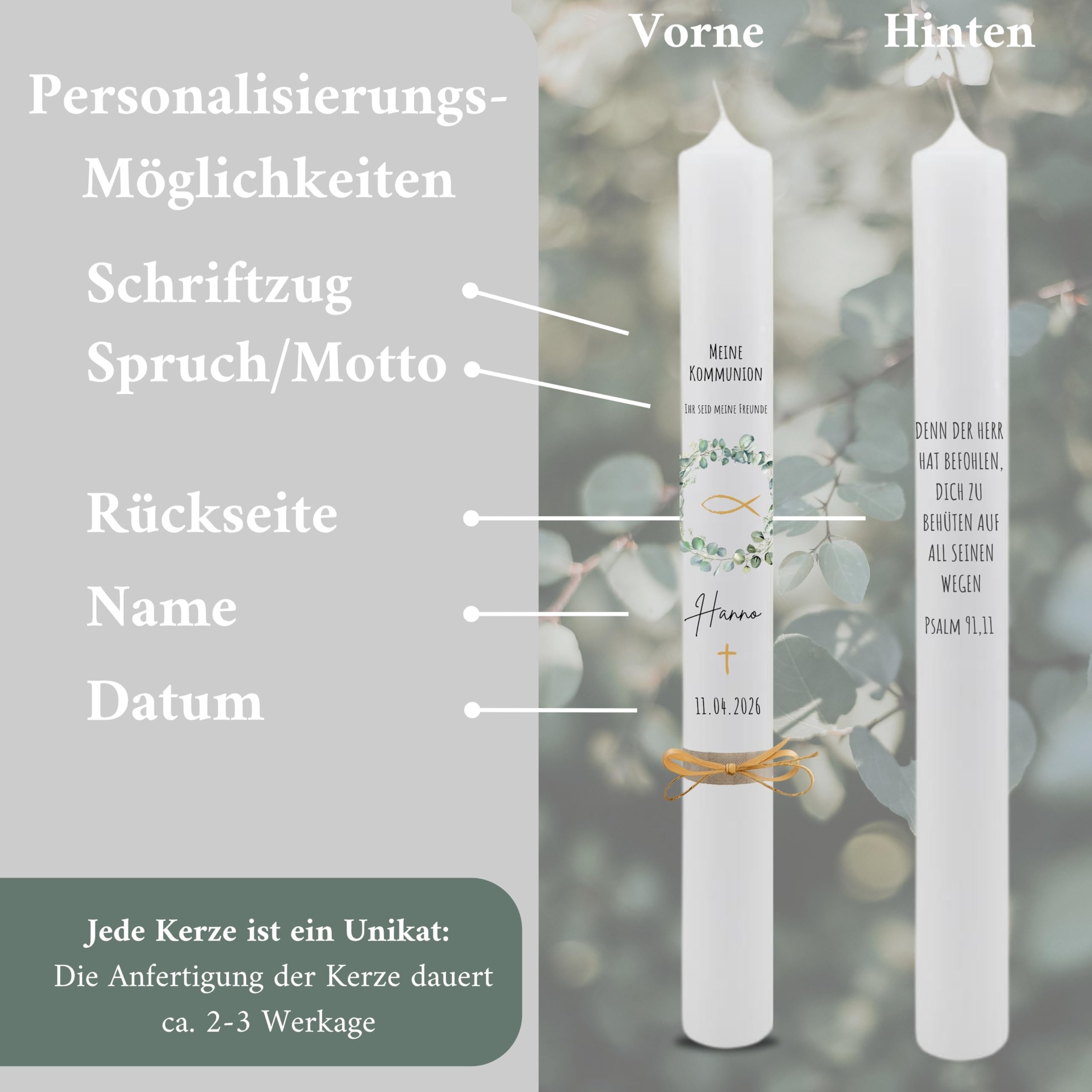 VILLA ROSA LOTTA – Personalisierbare Kommunionkerze „Hanno“ mit Wunschdaten, Rückseite und Holzbox | Eukalyptus Kranz und Spruch | 40 cm x 4 cm | für Jungen und Mädchen | Altarkerze elfenbein