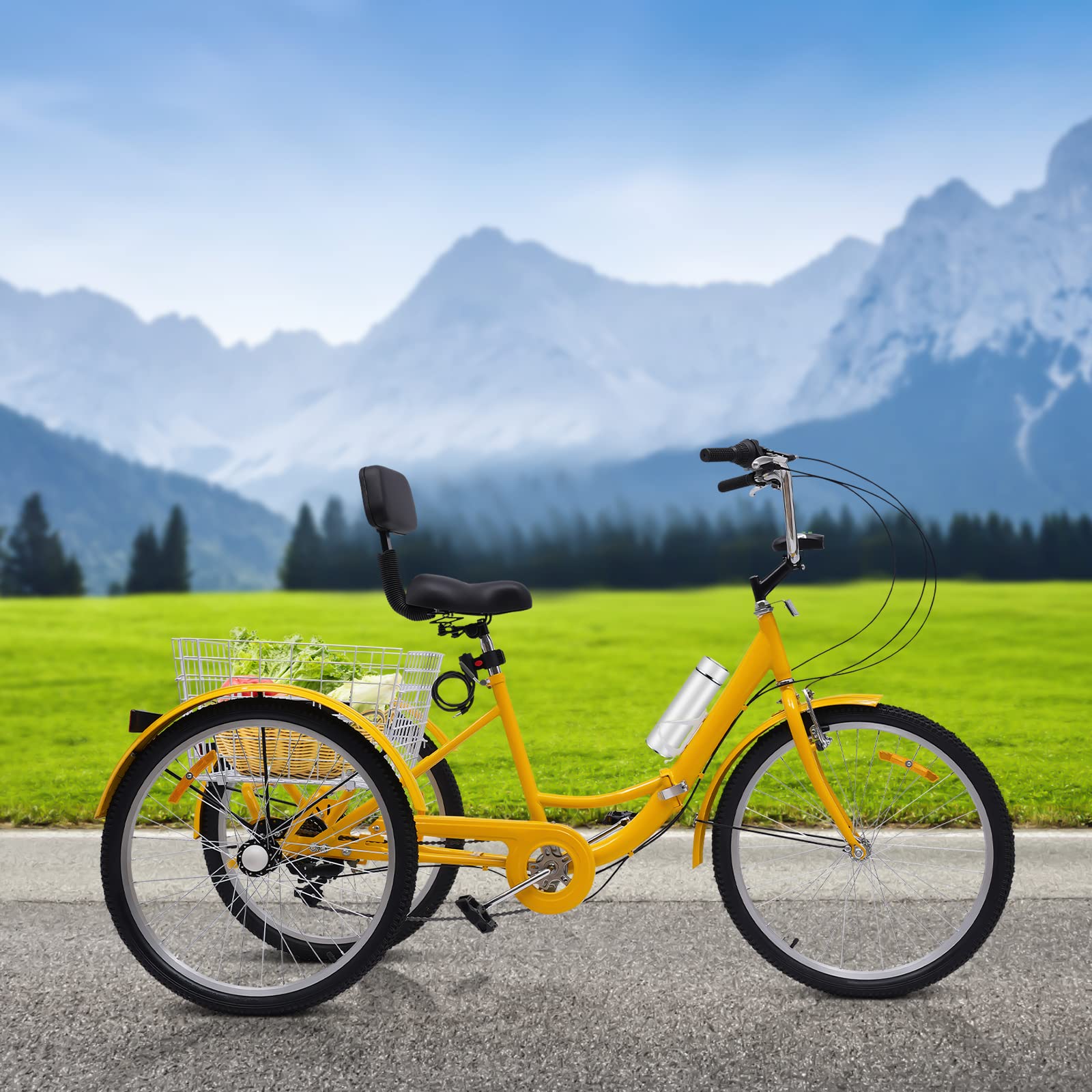 Tricycle pour adultes 24", 3 roues, pliant, à 7 vitesses, avec panier de courses pour adultes, personnes âgées, femmes, couleur jaune, sport en plein air