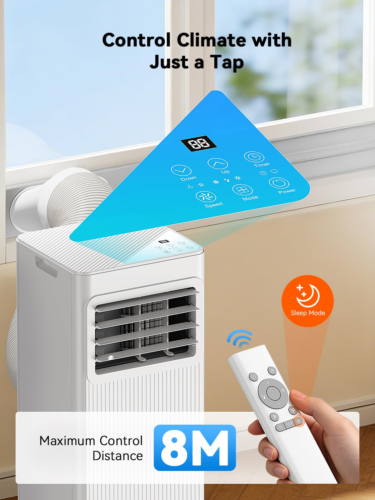 Mobiles Klimagerät 7000 BTU, 4-in-1 Mobile Klimaanlage mit Abluftschlauch & 4m Fensterabdichtung, Ohne Bohren (für Kipp- & Dachfenster), Kühlen & Entfeuchten für Räume bis 25m², Alpinweiß