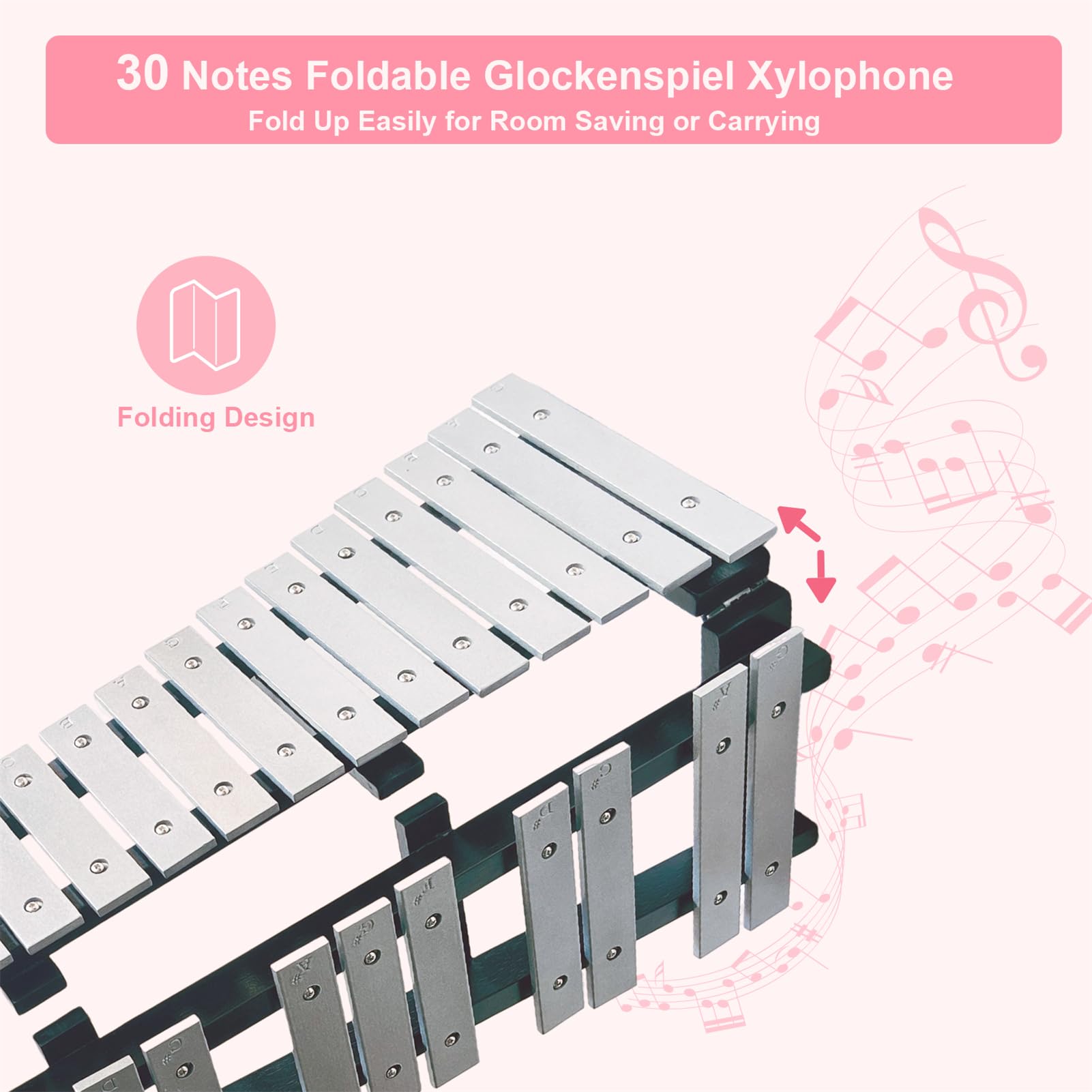Zestaw dzwonków ksylofonowych, składany ksylofonowy instrument perkusyjny z 4 młotkami, paskiem na ramię i torbą do przenoszenia, profesjonalny zestaw instrumentów perkusyjnych dla dorosłych i