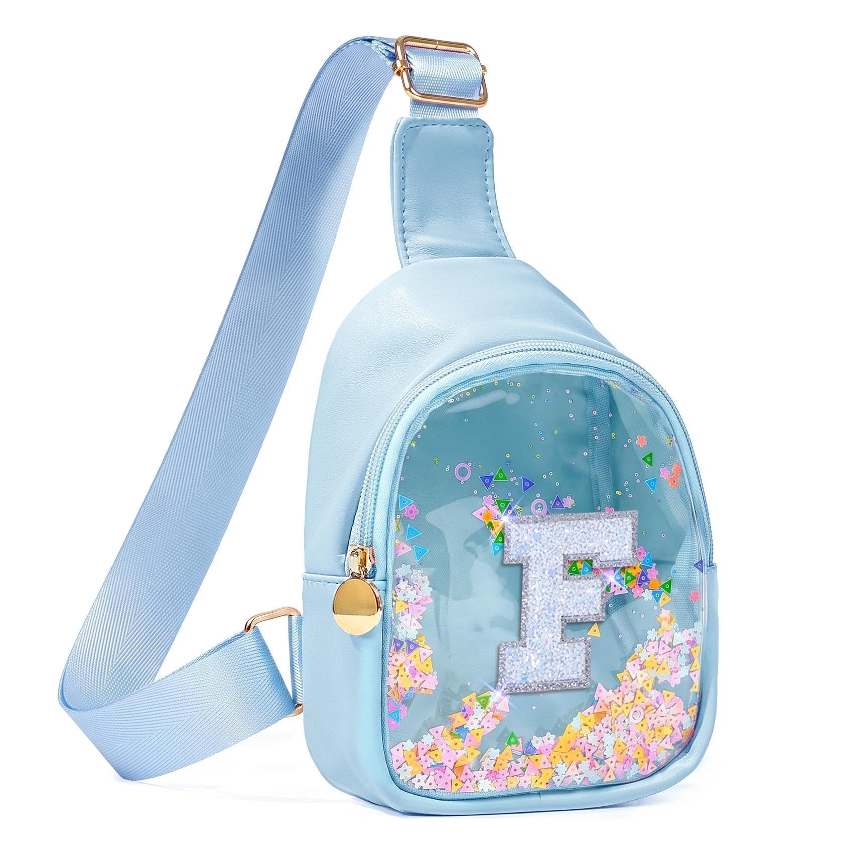 COSHAYSOO Personalized Christmas Birthday Gifts Burr Basket Stuffers for Girls Blue Purse Sling Bag Crossbody Girl Cute Funny Cool Mini Travel Fashion Accessories Monogrammed Initial Letter F