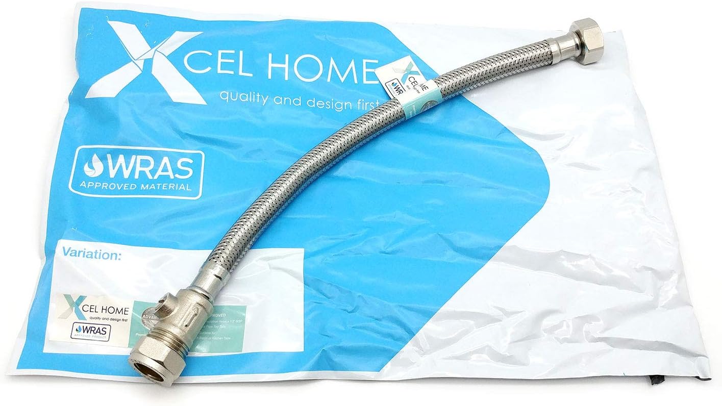 1 x WRAS Approved 300mm 15mm Compression with Isolation Valve x 1/2" Flexible Pipe Connector Stainless Steel Braided