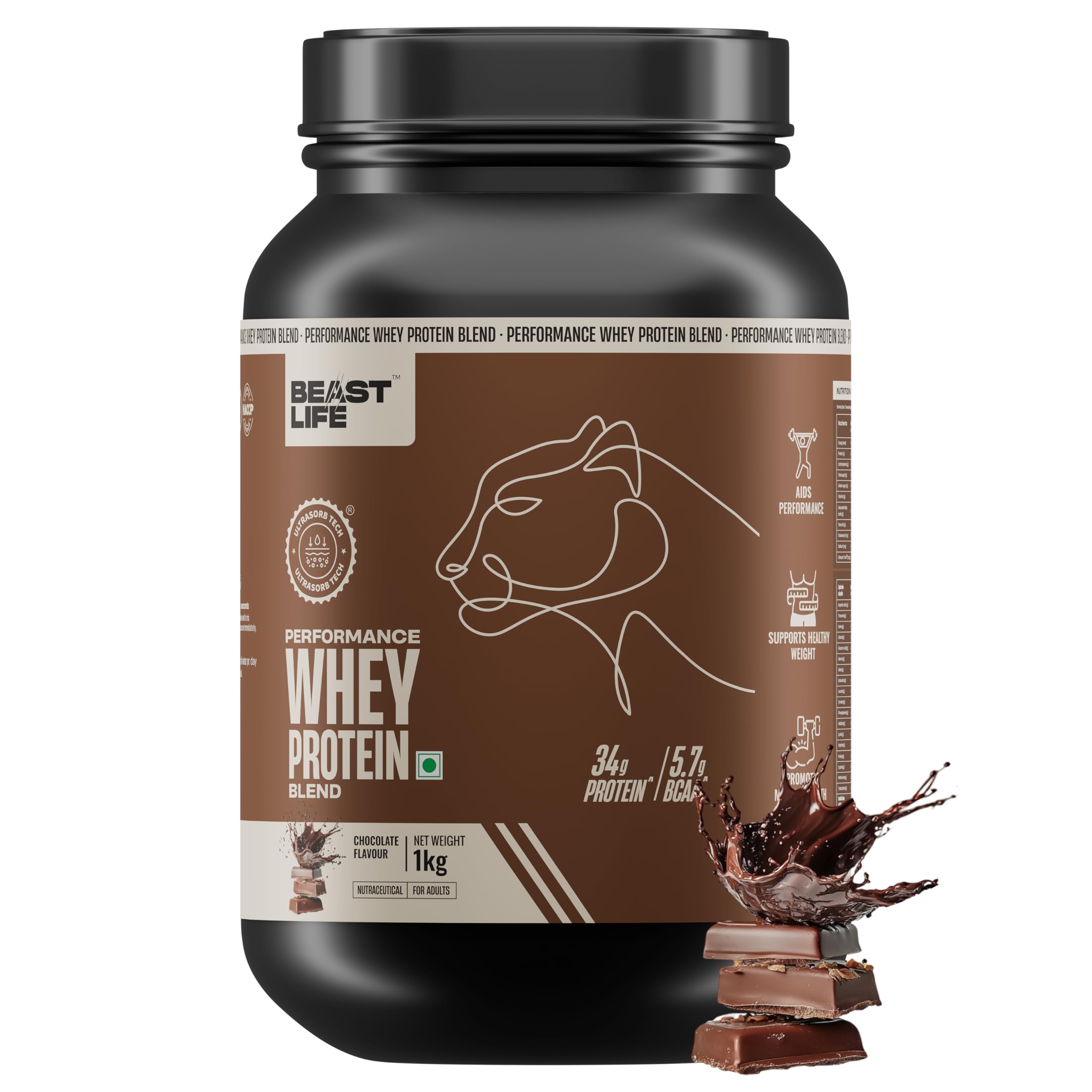 Beast Life Performance Whey Protein Blend Powder | 1 Kg | Chocolate | 34 g Protein, 5.7 g BCAA per Scoop | Muscle Growth & Recovery | Easy to Digest with Ultrasorb Tech | Smooth & Easy to Mix-image-17