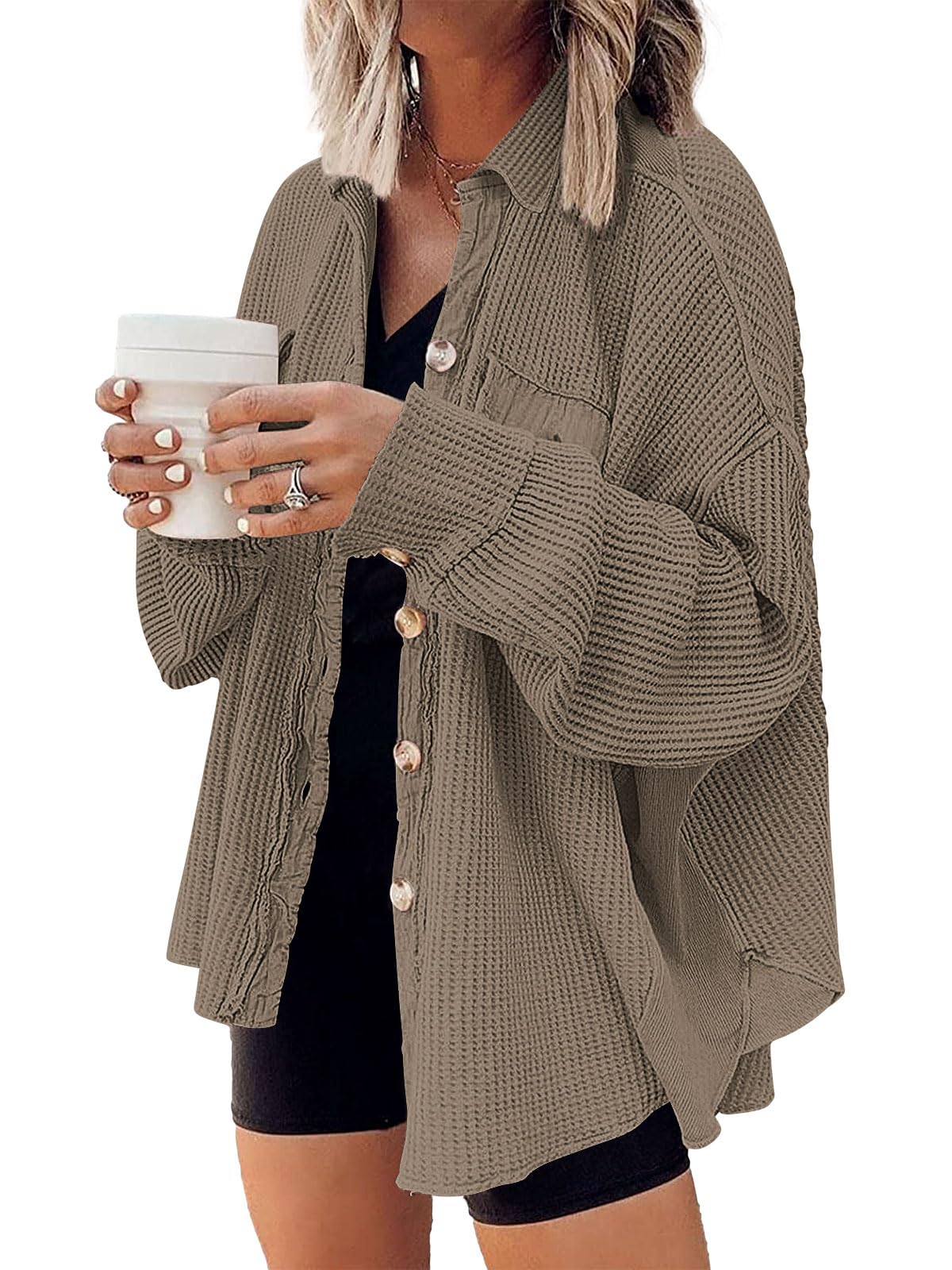 AUTOMET Fall Outfits for Women 2025 Fashion Clothes Winter Waffle Knit Clothing Oversized Button Down ShirtOEKO-TEX STANDARD 100