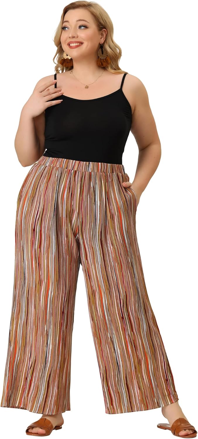 Agnes Orinda Plus Size Palazzo Pants for Women Stripe Boho Wide Leg Paper Bag Pants Beach Casual Summer - Image 4
