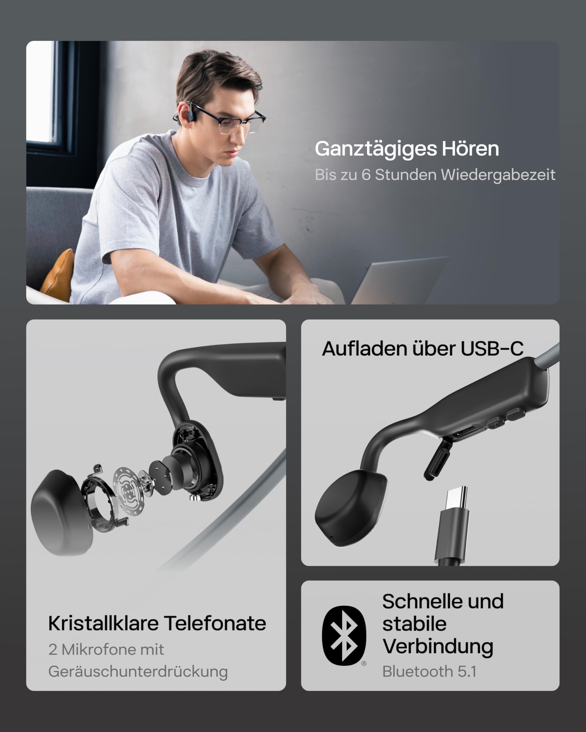 SHOKZ OpenMove Knochenleitungs-Kopfhörer, Open-Ear Wireless Bluetooth 5.1 Kopfhörer mit klarem Sound, 6 Stunden Akkulaufzeit, leicht 29g, schweißfest IP55, Umgebung hören, für Lauf-Workouts, Grau