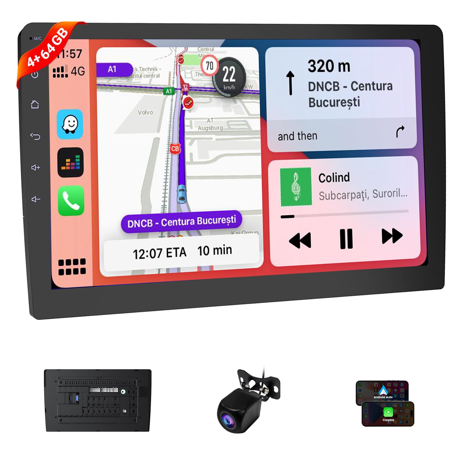 Haudio 9 Pulgadas Coche Radio,Coche Pantalla 2 DIN con Apple Carplay Inalámbrico & Android Auto, Cámara Marcha Atrás HD, Navegación GPS, Mirror Link, Radio SWC/Am/FM Adecuada Mayoría Coches 4+64 GB