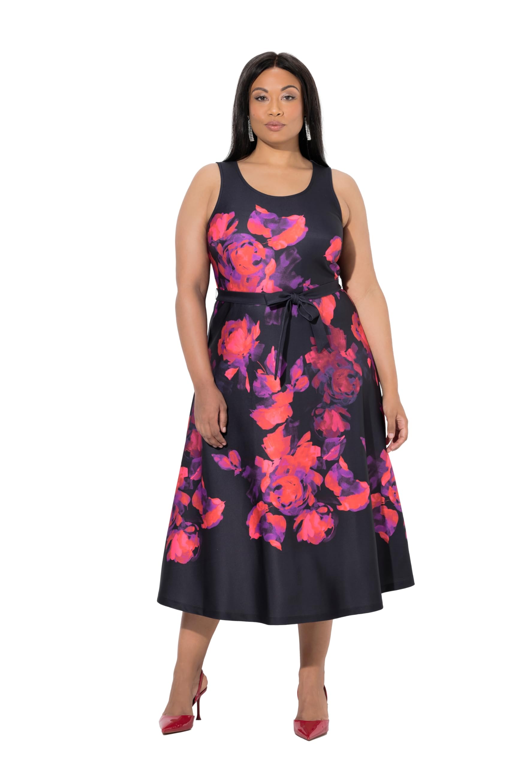 Ulla Popken Damen große Größen Übergrößen Plus Size Scuba-Maxikleid, A-Linie, Blüten, Rundhals, ärmellos 847434