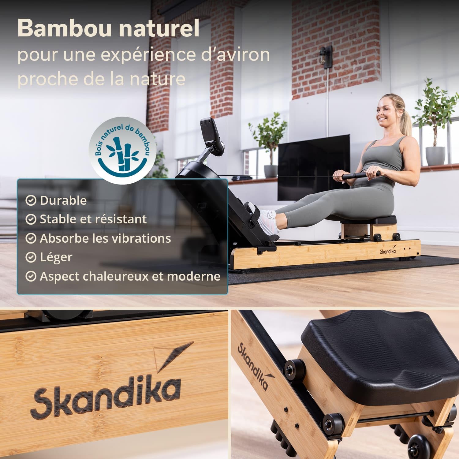Skandika Rovek Rameur en bois pour la maison, résistance magnétique avec 32 niveaux, système de masse d'inertie de 6 kg, compatible avec application Kinomap, jusqu'à 195 cm