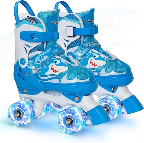 Nattork Patines de ruedas para niños, patines ajustables con luz para niñas y niños, patines verdes, azules, morados y rosas para niños pequeños,