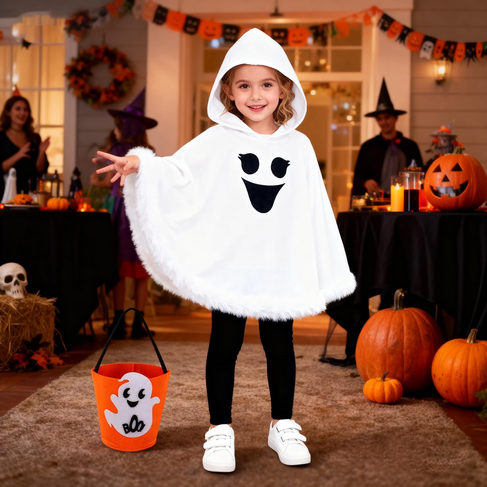 Toddler Baby Boys Girls Ghost Costume Kids Halloween Ghost Face Hooded Cloak Costume Party Boo Ghost Outfit for ages 5-6 Years,White Cloak+Pants+Pumpkin Basket Set - Image 3
