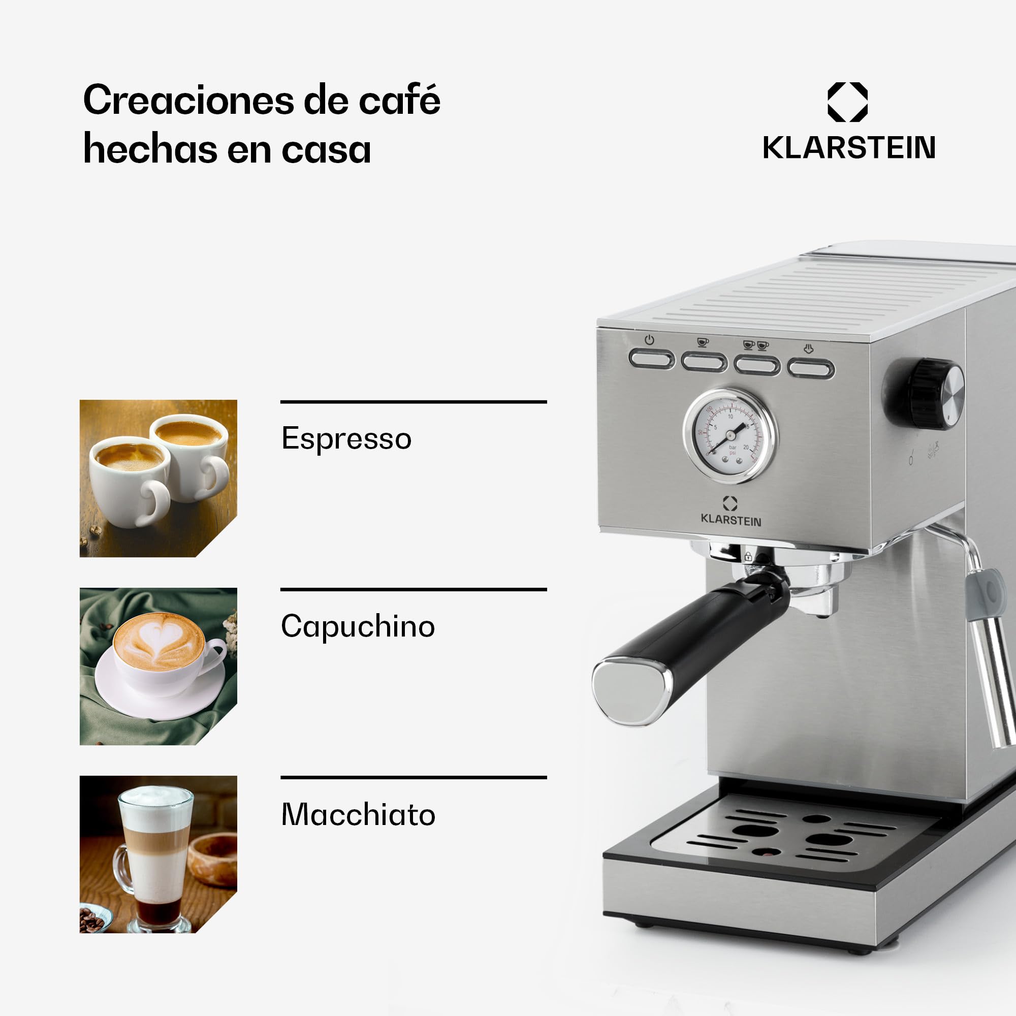 KLARSTEIN Pausa cafetera espresso, 1350 W, máquina de café, 20 bares de presión, depósito de agua: 1,4 litros, acero inoxidable, plateado