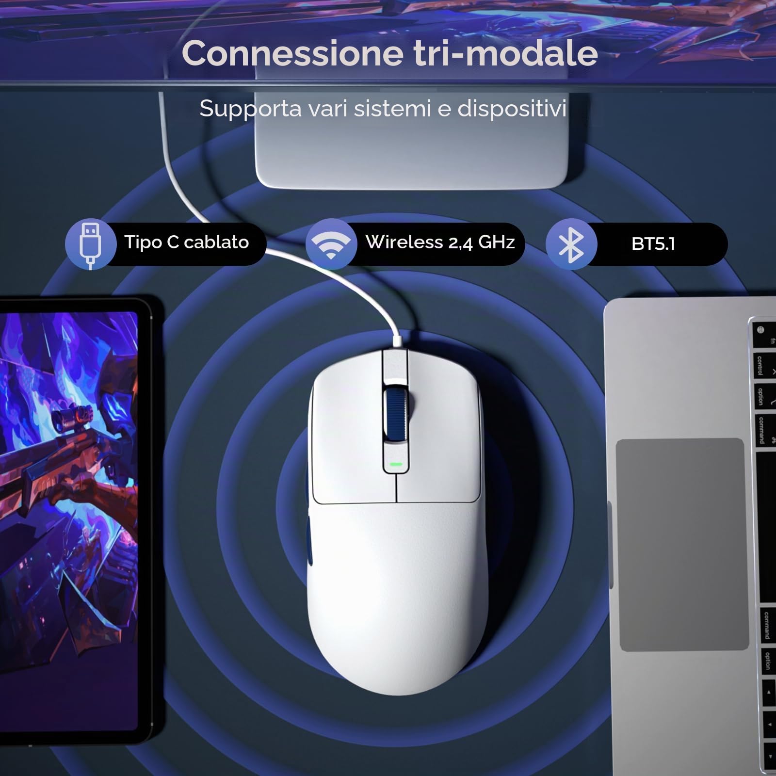 RK ROYAL KLUDGE M30 Mouse Gaming Wireless, 12K DPI, 43g Ultraleggero, BT5.1/2.4G/USB-C, Mouse Ergonomico con Sensore PAW3311, Batteria Ricaricabile 250mAh, 5 Pulsanti Programmabili per PC/Mac, Bianco