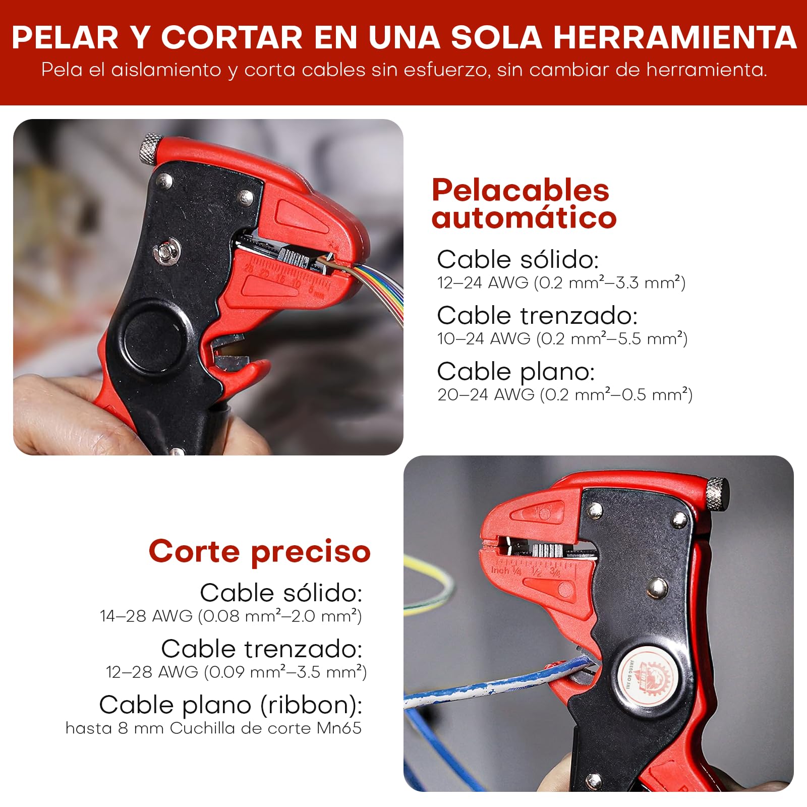 Samos® Pelacables Automático Profesional 0,2–6mm², Pelador de Cables Eléctricos Multifunción 2 en 1, Wire Stripper Preciso para Electricista, Herramienta Corte y Pelado Cable