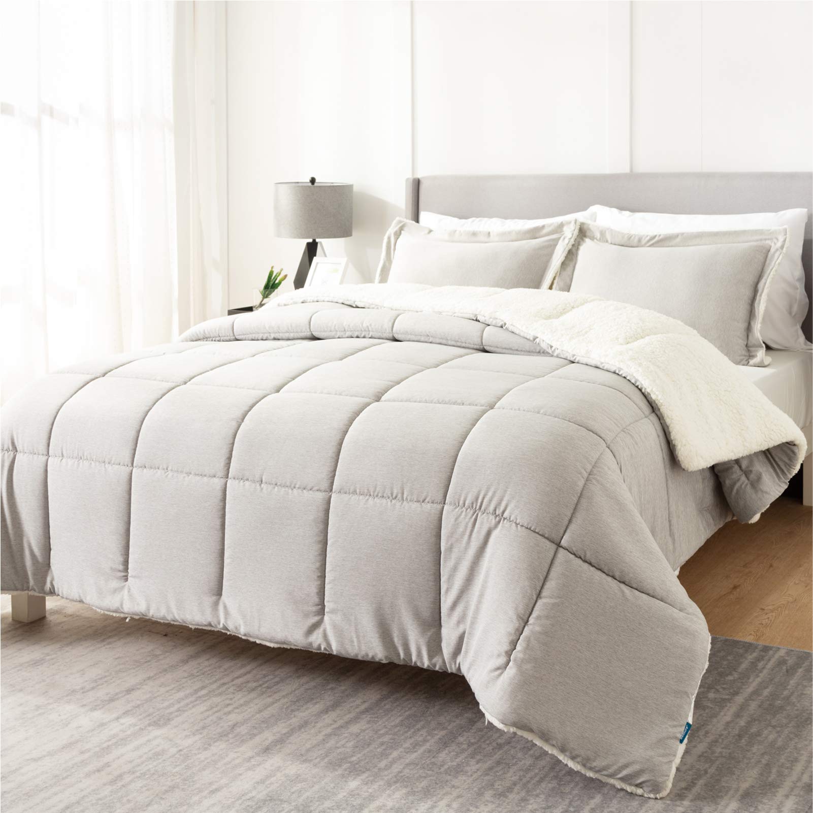 Bedsure Sherpa Comforter Set King Grey Winter 3 Piece Cationic Dyeing Reversible Soft Fluffy Down Alternative Bed Set with...