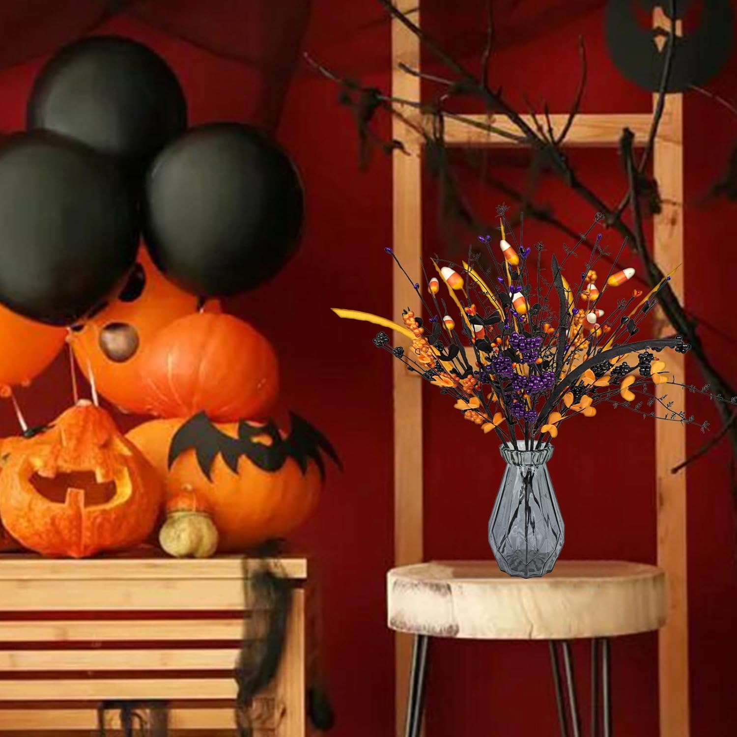 6 Pack Artificial Halloween Floral Picks Purple Orange Black Berry Stems Halloween Tree Branches with Candy for Halloween Party Flower Arrangement Centerpieces - Image 3