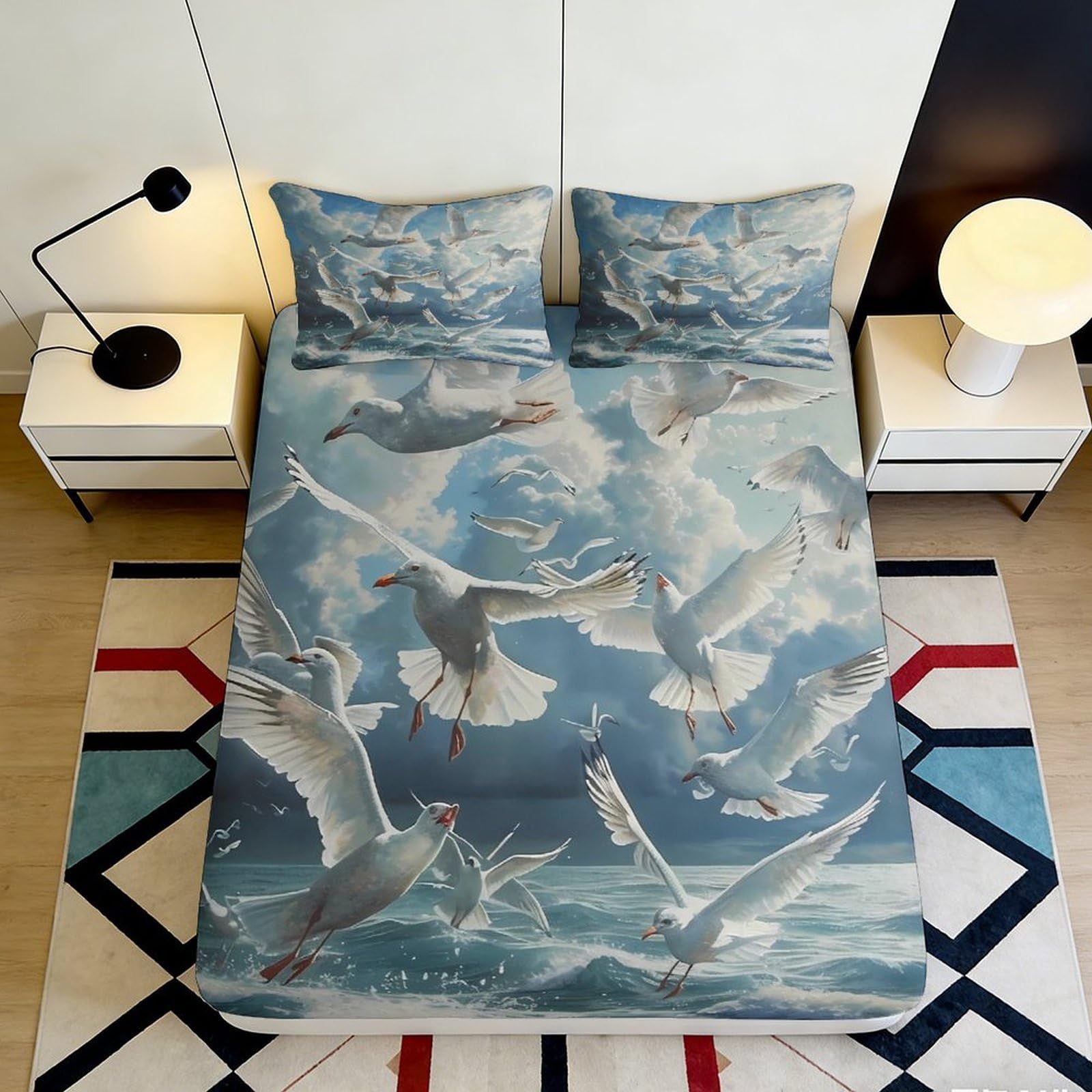 3D Printed Seagull Ocean Fitted Sheet Microfiber Soft Breathable Sky Birds Mattress Cover for Bedroom Guest Room Decor 160x200x25cm