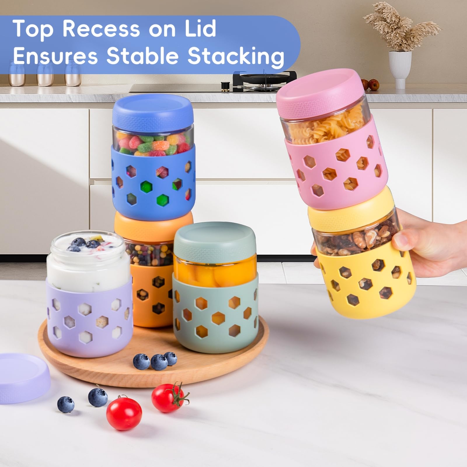 Gemice Lot de 6 bocaux Mason en verre de 473,6 g avec manchons en silicone, récipients hermétiques sans BPA avec couvercles, passent au lave-vaisselle, anti-fuite, pour chia, pudding, yaourt