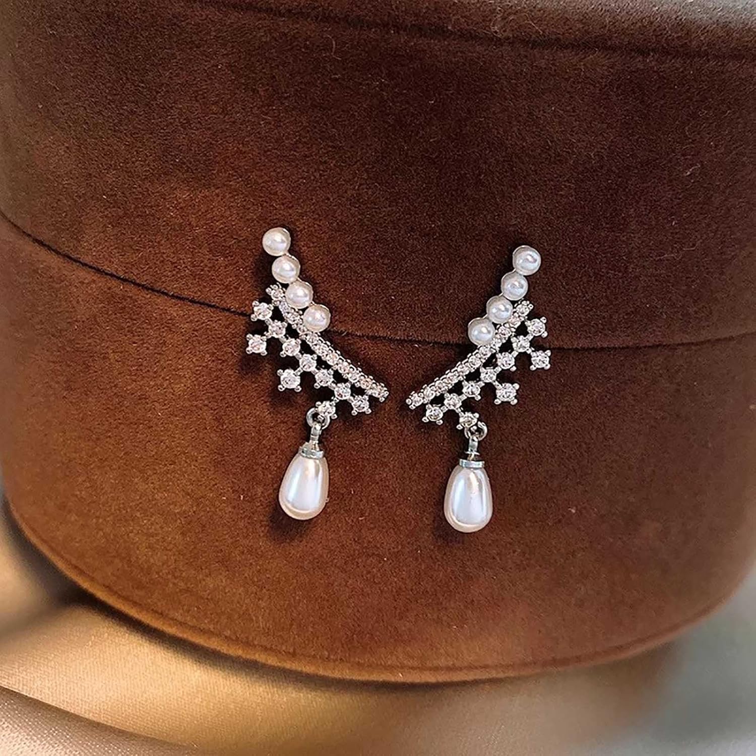W WEILIRIAN Boho Crystal Star Climber Earrings Teardrop Pearl Dangle Earrings Pearl Bar Earrings Pearl Ear Crawler Earrings Rhinestone Bar Earrings Jewelry for Women - Image 3