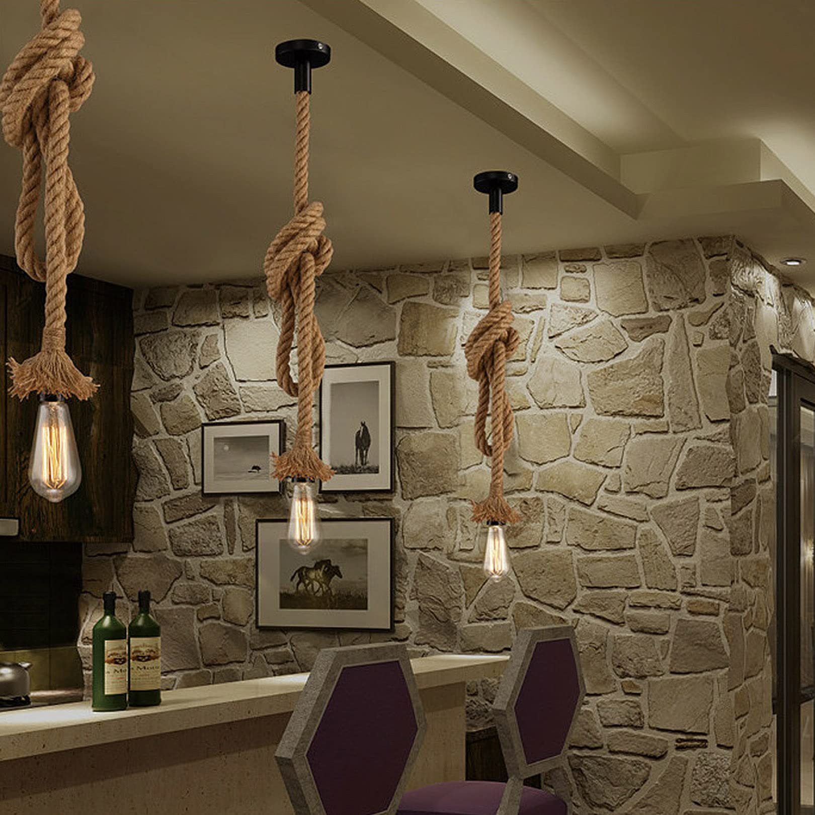 Lampadario a sospensione vintage in corda di canapa luce calda rustica