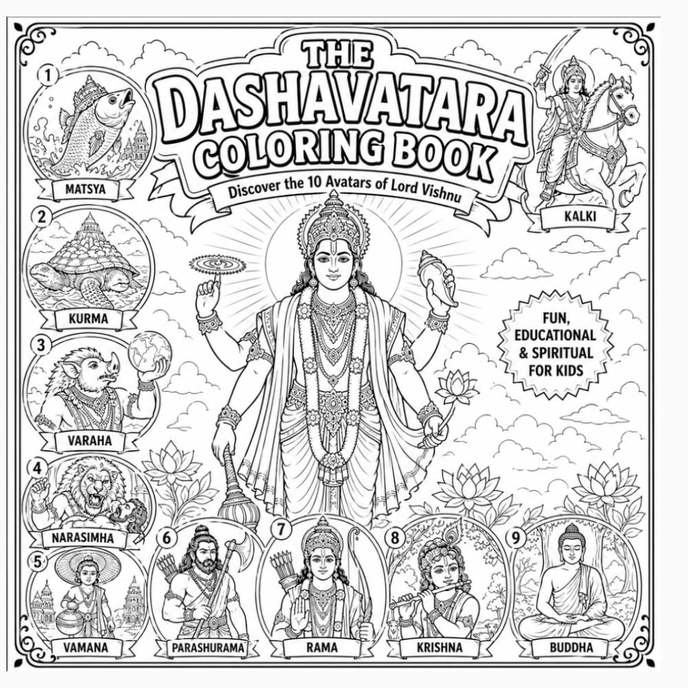The Dashavatara coloring Book: Discover the 10 Avatars of Lord Vishnu Stories and Coloring Pages for Kids Explore, Learn, and Color the Divine Avatars of Vishnu
