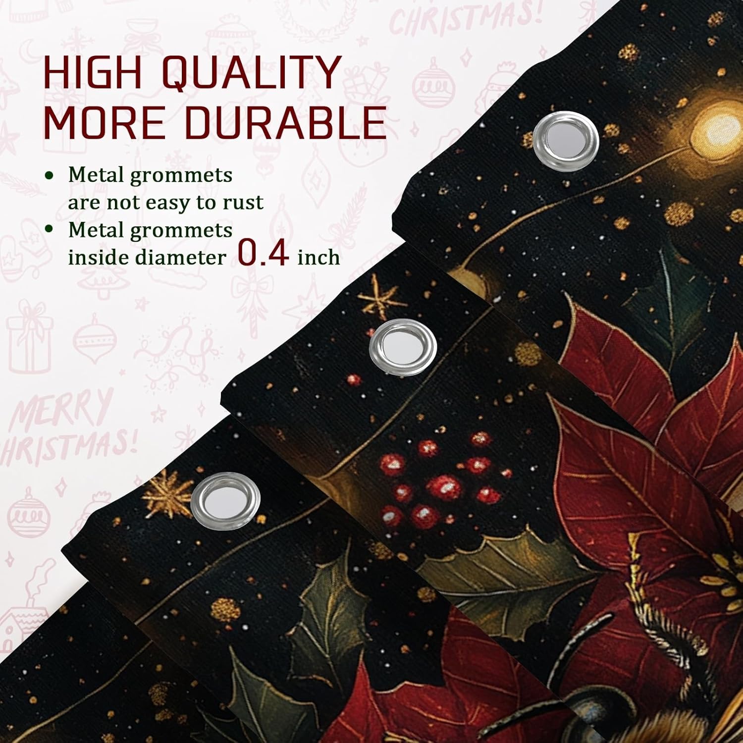 4PCS Vintage Christmas Bee Bathroom Sets, Bath Accessory with Non-Slip Rug, U Shape Toilet Lid Cover Mat, Xmas Poinsettia Insects Bathroom Decor-72''x72''