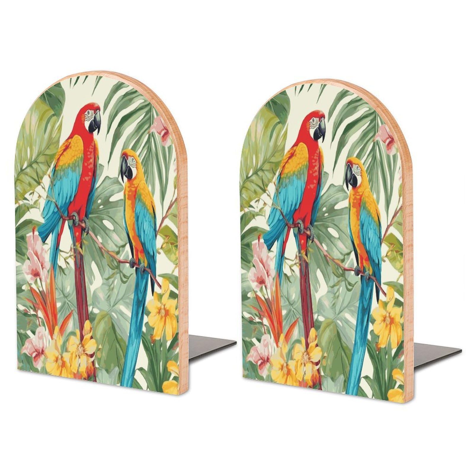 Large Tropical Plants and Parrots Book End with Metal Base Fashion Heavy Duty Bookend Exquisite Wooden Bookends Non-Skid Book Stopper for Shelves Books Organizer for Office Home 1 Pair