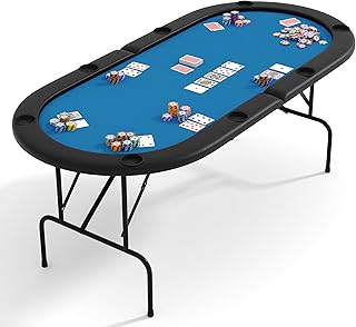 71'' Poker Table Foldable, 8 Player Oval Folding Poker Tables with Collapsible Legs, Casino Grade Felt, Padded Rails and Cup Holders, Portable Poker Table for Texas Holdem Poker and Blackjack, Blue