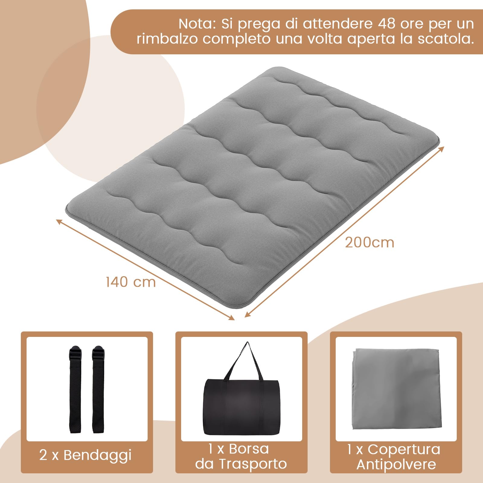 COSTWAY Materasso Futon Pieghevole, Materasso Portatile con Sacca da Trasporto per Camping, Materasso da Terra con Copertura Lavabile (Grigio,200 x 140 cm)