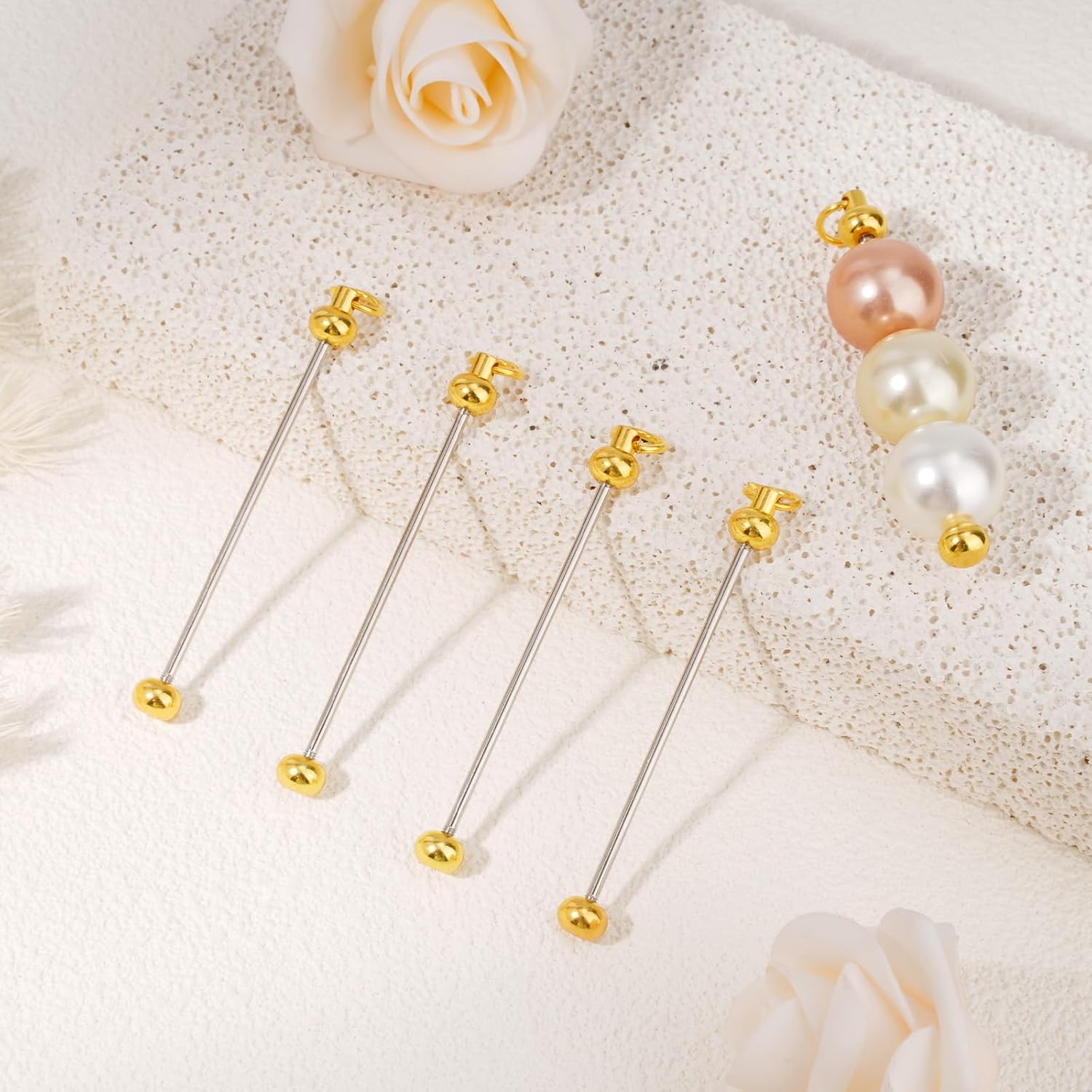 50 Pcs Beadable Keychain Bars, Blank Beadable Keychains Bars Items Bulk, Bead Keychain Making Kit Beaded for Keychains Making Accessories Pendant Metal, DIY Gifts for Women and Men(Golden)