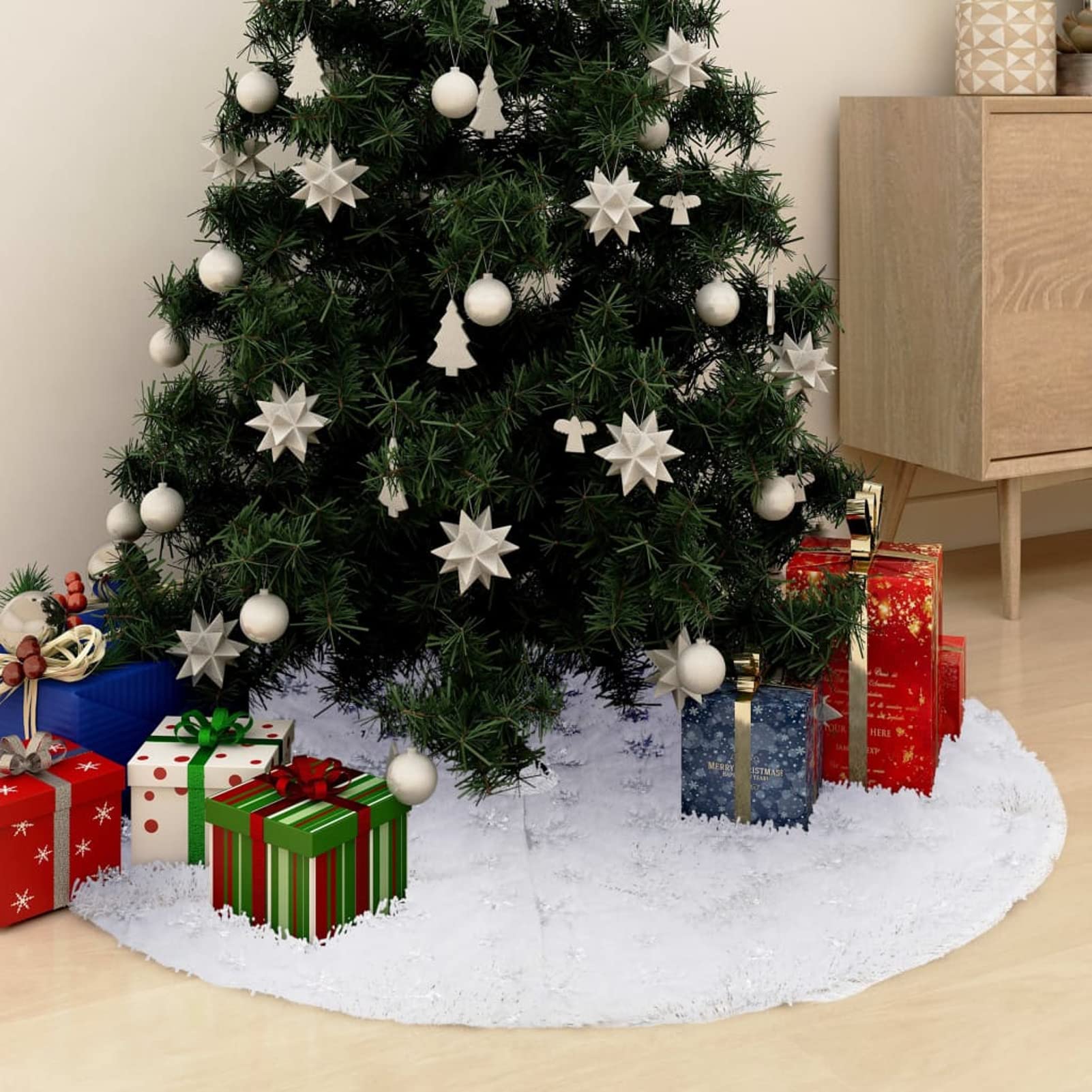 Homgoday Jupe de sapin de Noël de luxe blanche de 90 cm, imitation sapin de Noël avec support en métal, décoration d'intérieur ou d'extérieur