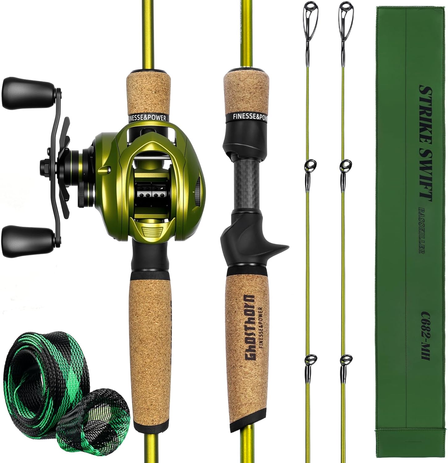 Ghosthorn Fishing Rod and Reel Combo Dual Tip Fishing Pole Baitcaster Combo Ultra Light 2-Piece Rod with Natural Cork Handle Ceramic Rings for Men Women