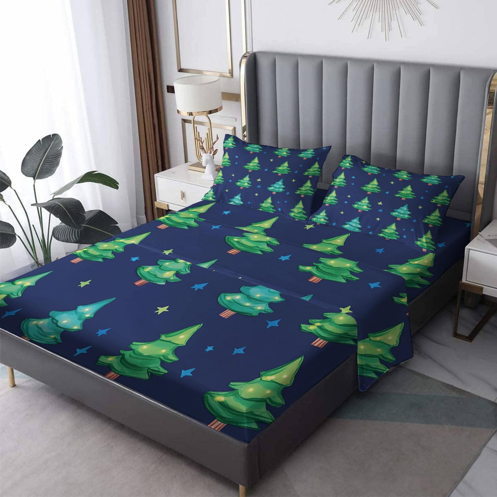 NOGAWA Christmas Tree Sheets Queen Size, Xmas Green Blue Bed Sheets, Festival Bedding Sheets 4 Piece Set - Soft Microfiber Deep Pocket Fitted Sheet & Flat Sheet & 2 Pillowcases