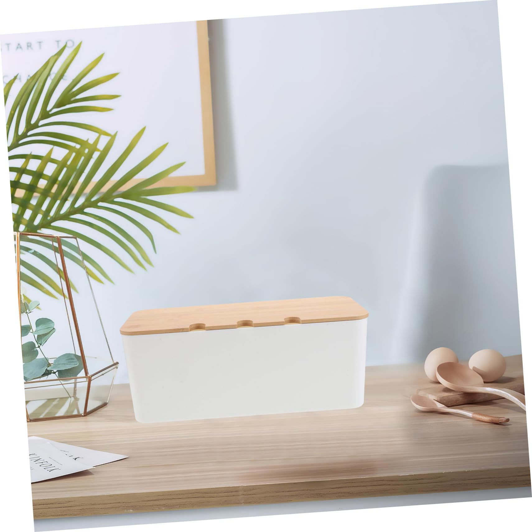 Caja de Gestión de Cables de Plástico con Orificios y Tapa de Madera | 1 Juego, Diseño Multifuncional para Oficina y Hogar, Acceso Cómodo al Cableado, Organiza Varios Dispositivos
