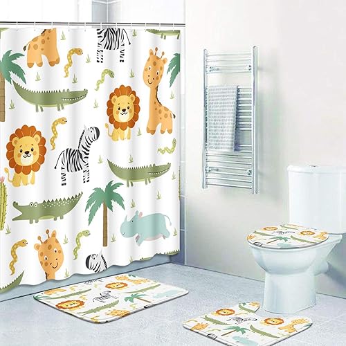 Miniatura 10 de ArtSocket Bonito juego de baño con cortina de ducha y accesorios de alfombras, lindo juego de cortina de ducha para niños, cortina de ducha de cielo